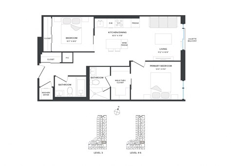Floor plan for 2 beds, 2 baths, 755 sqft